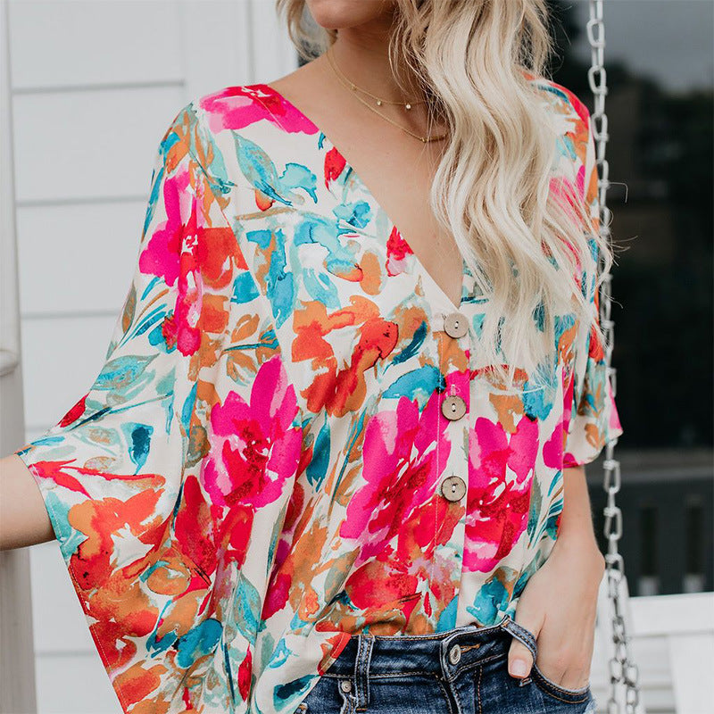 Large and Medium Sleeve V-neck Loose Printed Chiffon Shirt