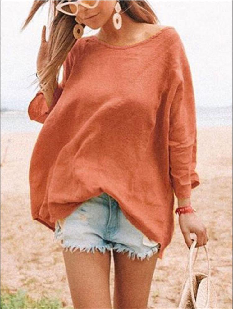 Round Collar Fashion Versatile Loose Cotton and Linen Primer T-shirt Women