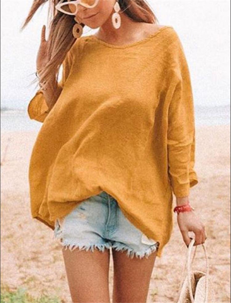 Round Collar Fashion Versatile Loose Cotton and Linen Primer T-shirt Women