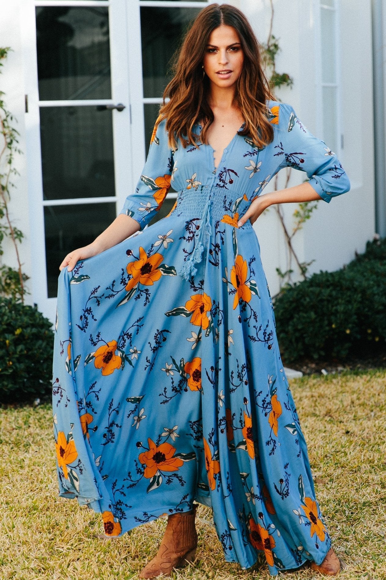 Bohemian Printed V-neck Buttons Three-quarter Sleeves Big Sleeve Dress Long Dress