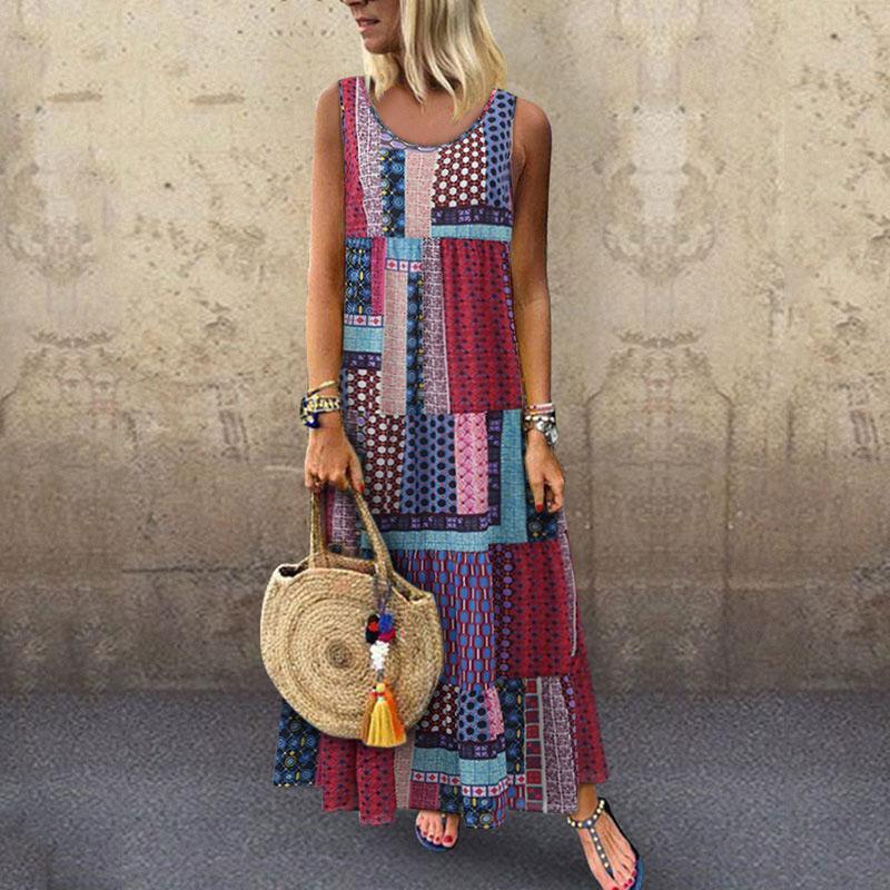 Bohemian Splicing Round Neck Sleeveless Maxi Dresses