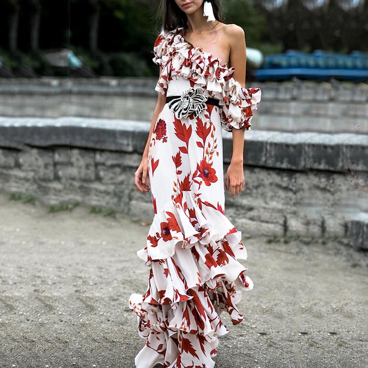 Bohemian One Shoulder Print Belt Dress