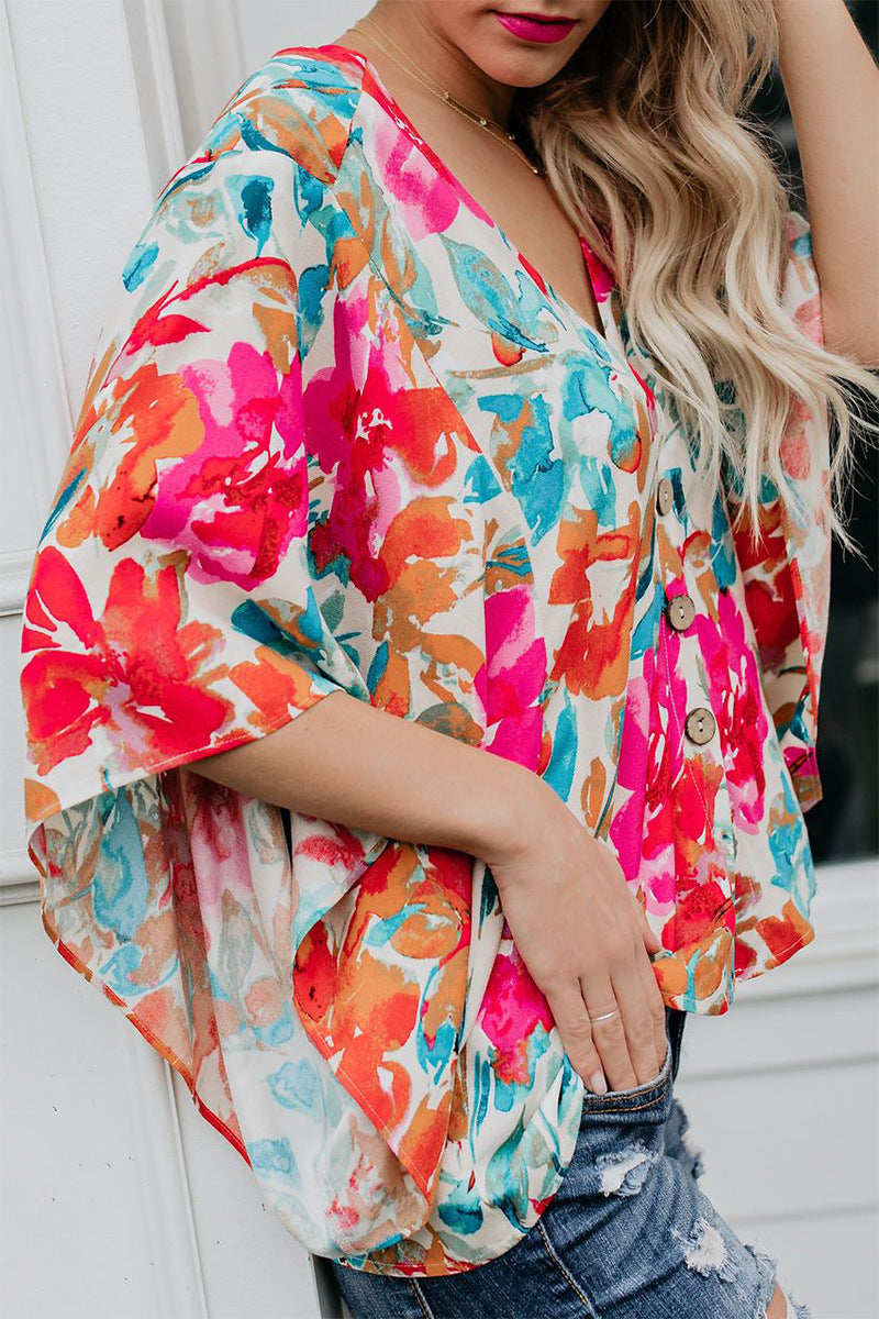 Large and Medium Sleeve V-neck Loose Printed Chiffon Shirt