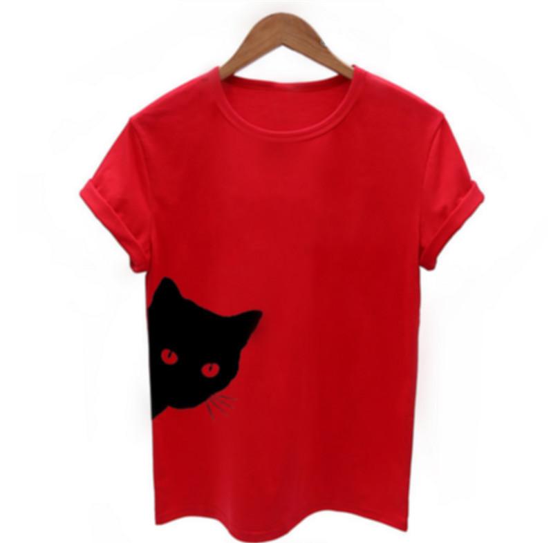 Cat Pattern Printed Crew Neck Slim Short Sleeve T-shirt