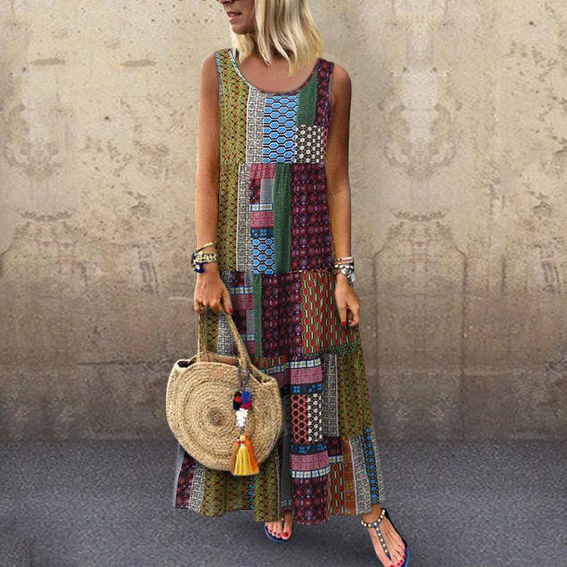 Bohemian Splicing Round Neck Sleeveless Maxi Dresses