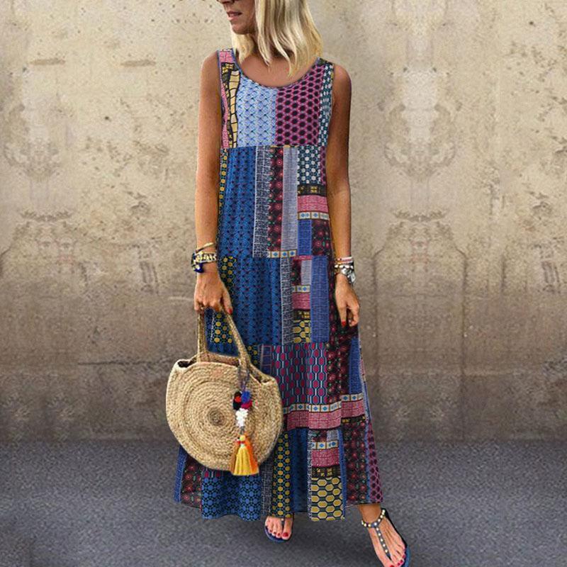 Bohemian Splicing Round Neck Sleeveless Maxi Dresses