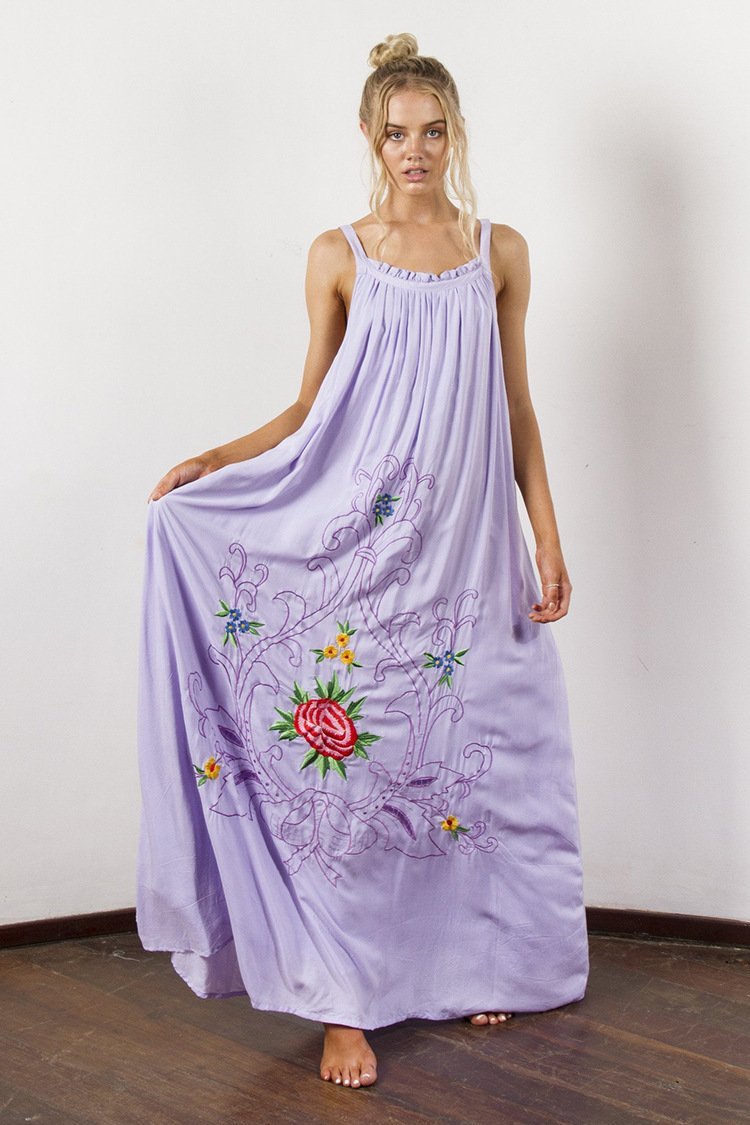 Bohemian Holiday Wind Color Flower Embroidery Strap Sexy Dress