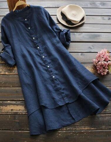 Summer Women's Solid Button Cotton Linen Long Sleeve Long Shirt Dress