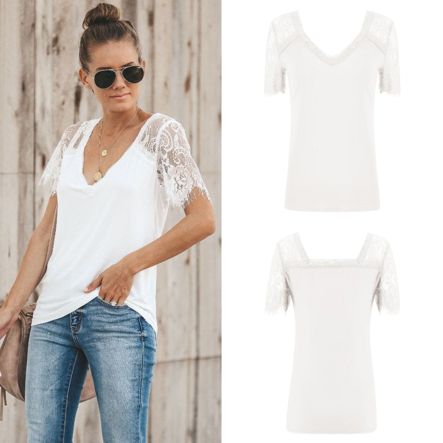 Sexy V-neck Lace Stitch Short-sleeved T-shirt top