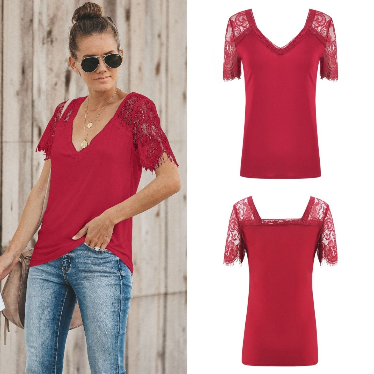 Sexy V-neck Lace Stitch Short-sleeved T-shirt top