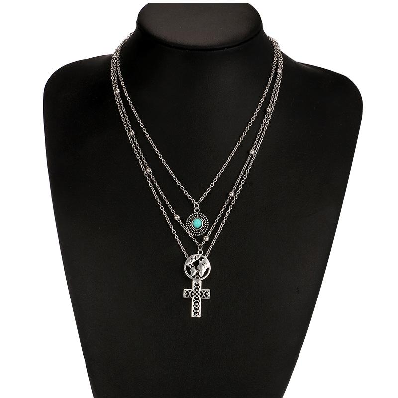 Personality Cross World Map Turquoise Combination Three-tier Necklace