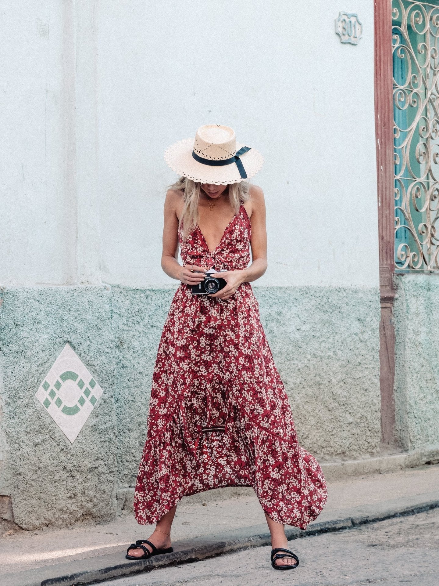 Print Long Bohemian V-Neck Sling Big Swing Dress