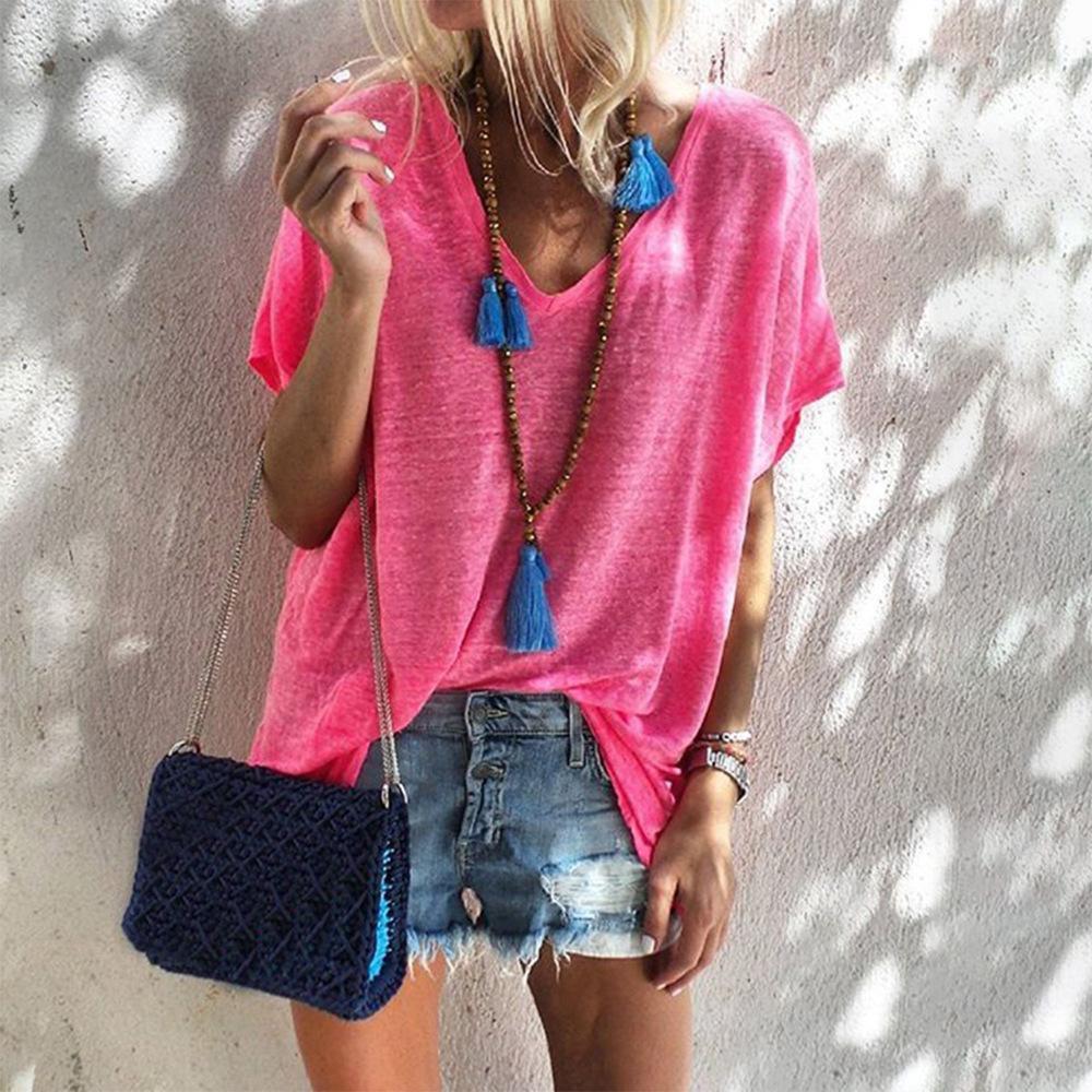 Summer Candy-colored Large Size Loose V Neck Short-sleeved T-shirt Female