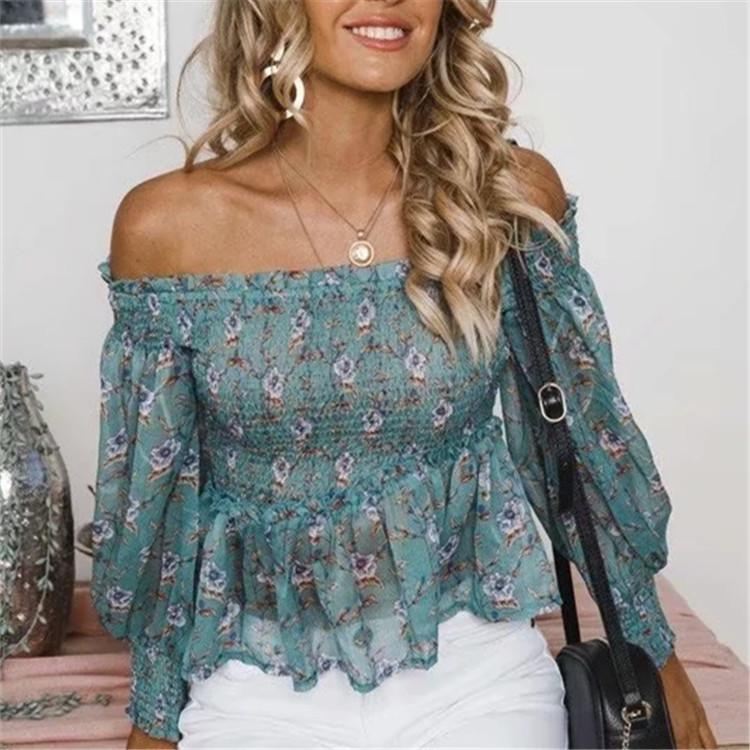 Off-The-Shoulder Print Elastic Long-Sleeved Top