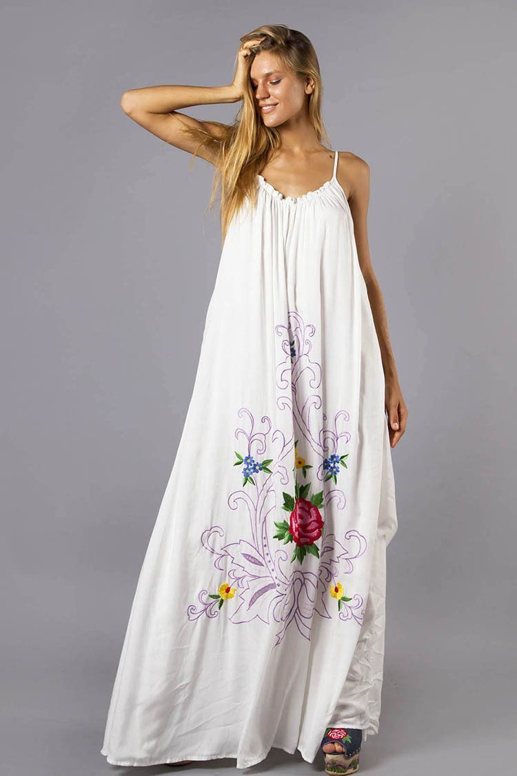 Bohemian Holiday Wind Color Flower Embroidery Strap Sexy Dress