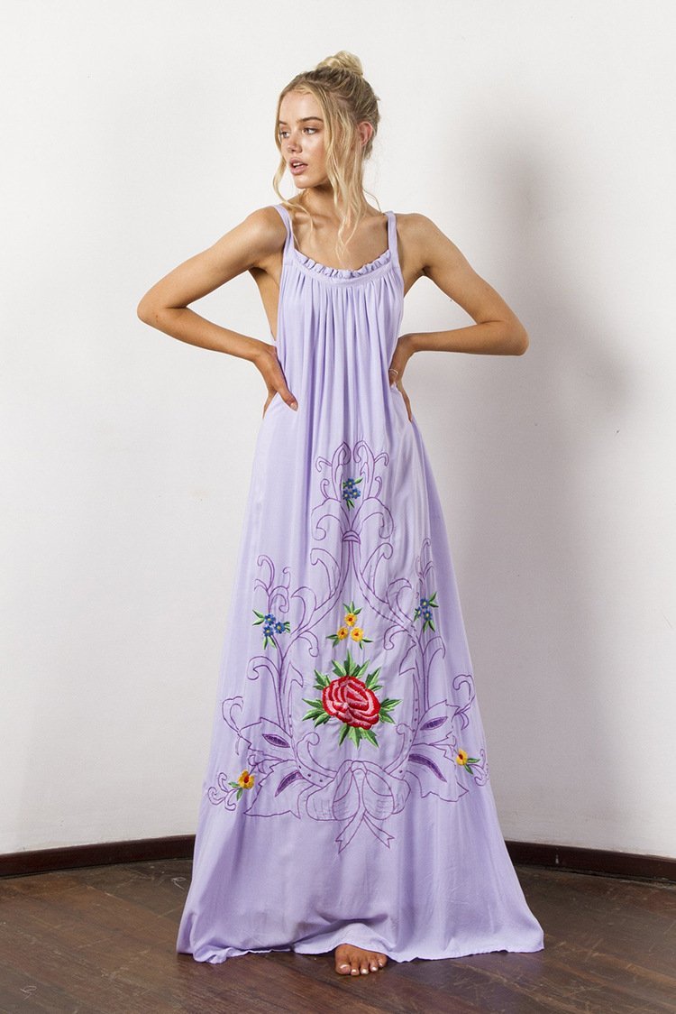 Bohemian Holiday Wind Color Flower Embroidery Strap Sexy Dress