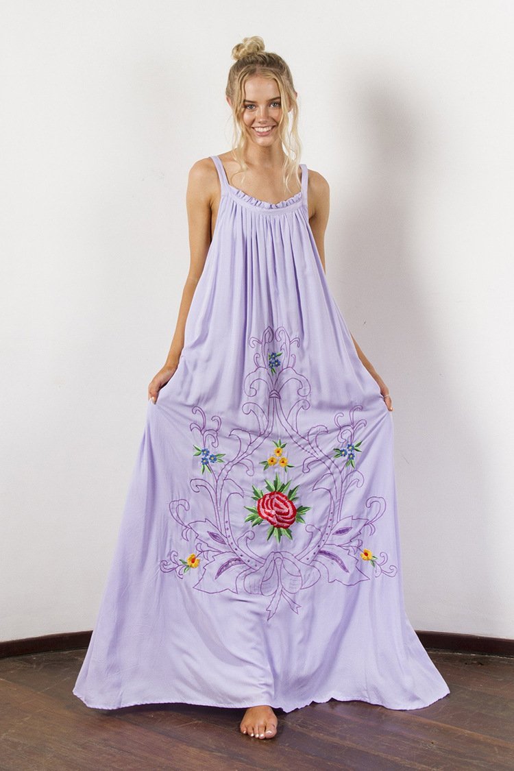 Bohemian Holiday Wind Color Flower Embroidery Strap Sexy Dress