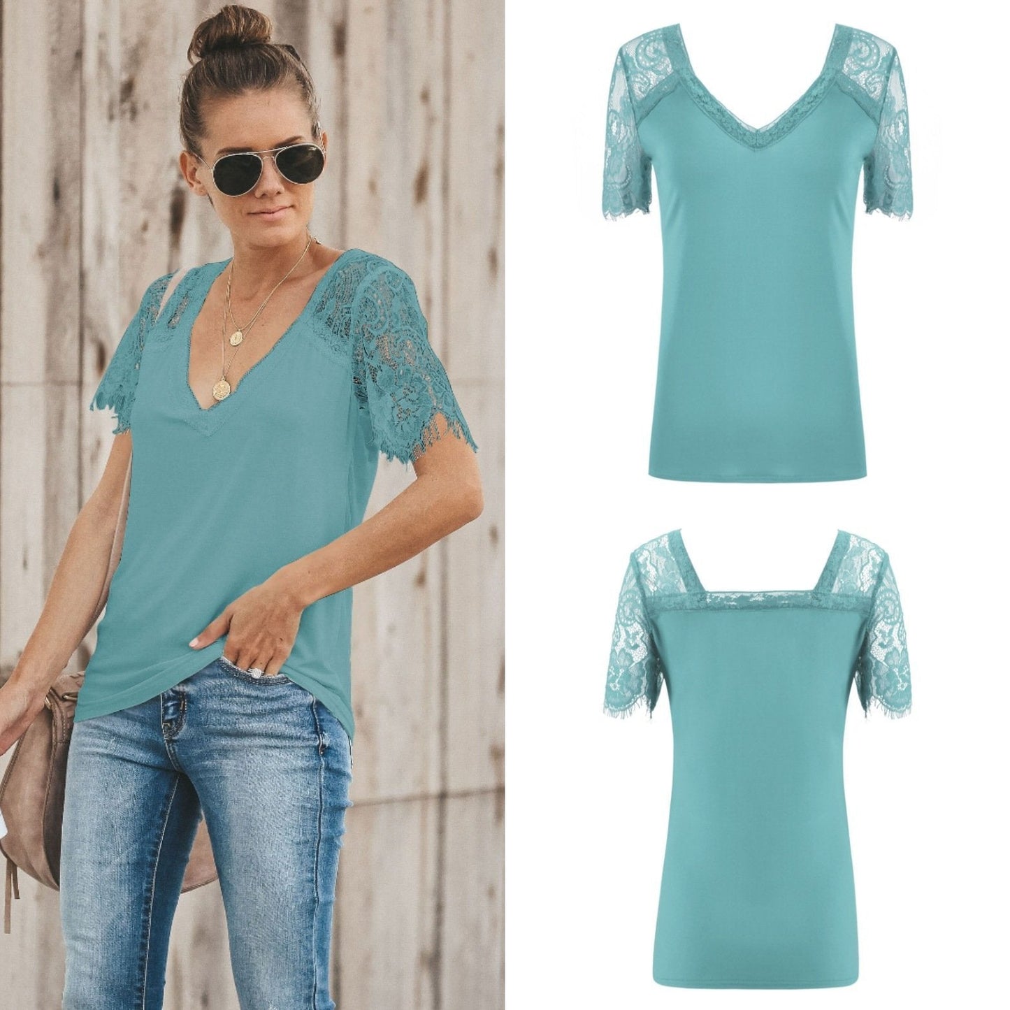 Sexy V-neck Lace Stitch Short-sleeved T-shirt top