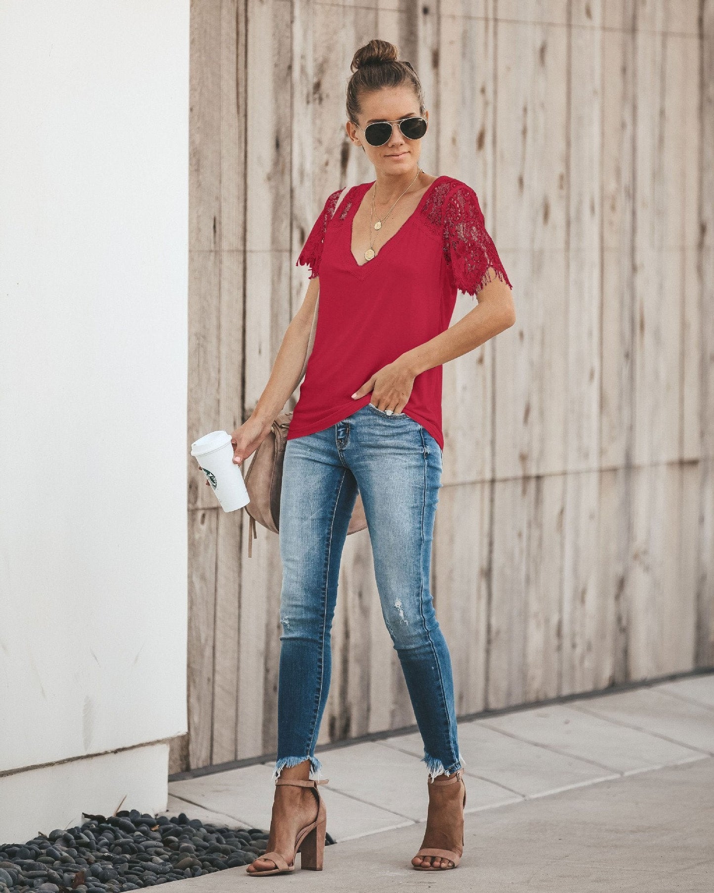 Sexy V-neck Lace Stitch Short-sleeved T-shirt top