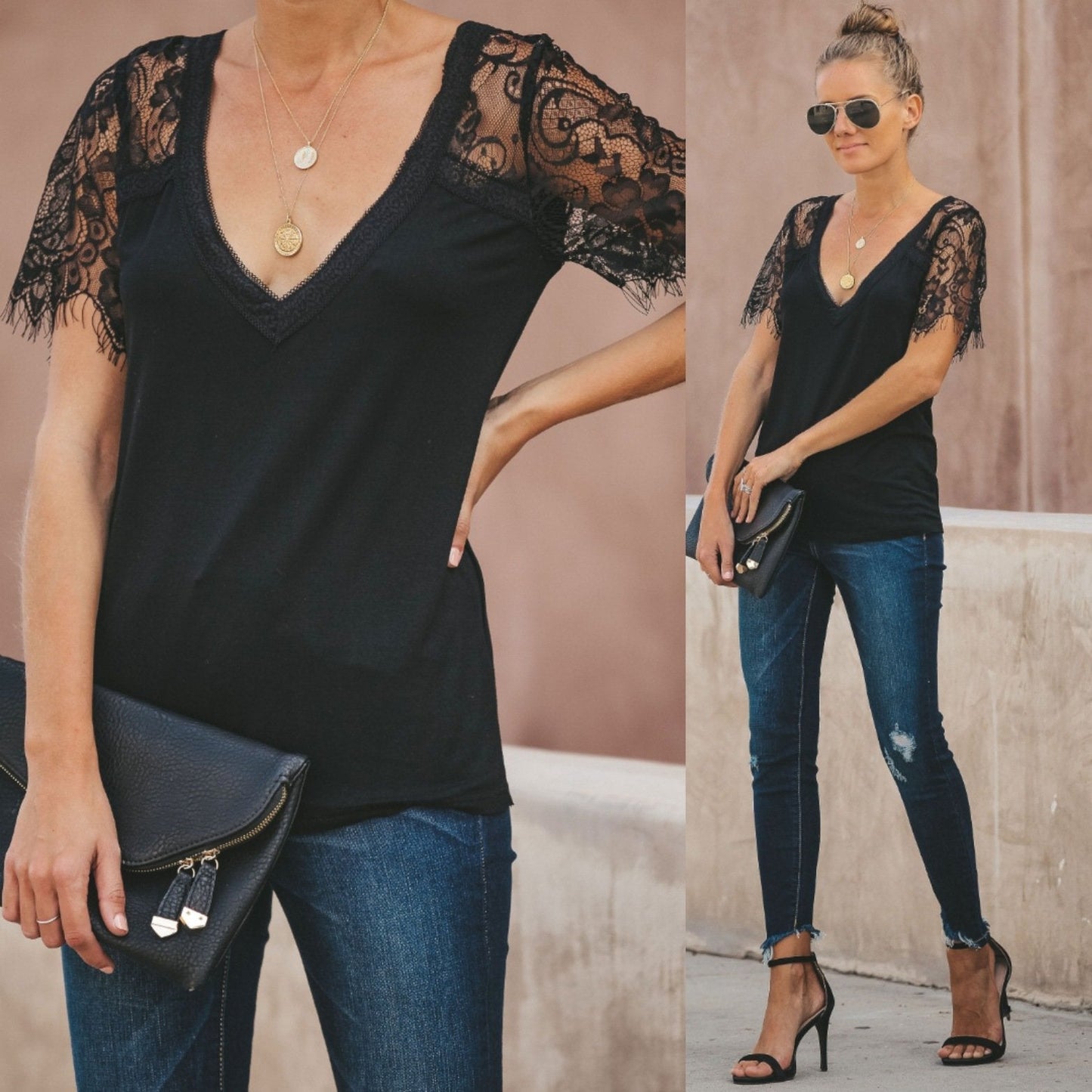 Sexy V-neck Lace Stitch Short-sleeved T-shirt top