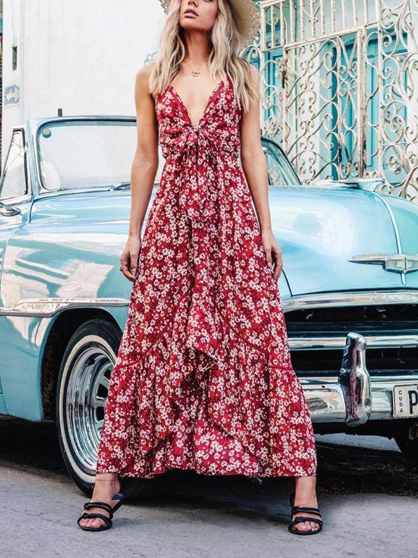 Print Long Bohemian V-Neck Sling Big Swing Dress