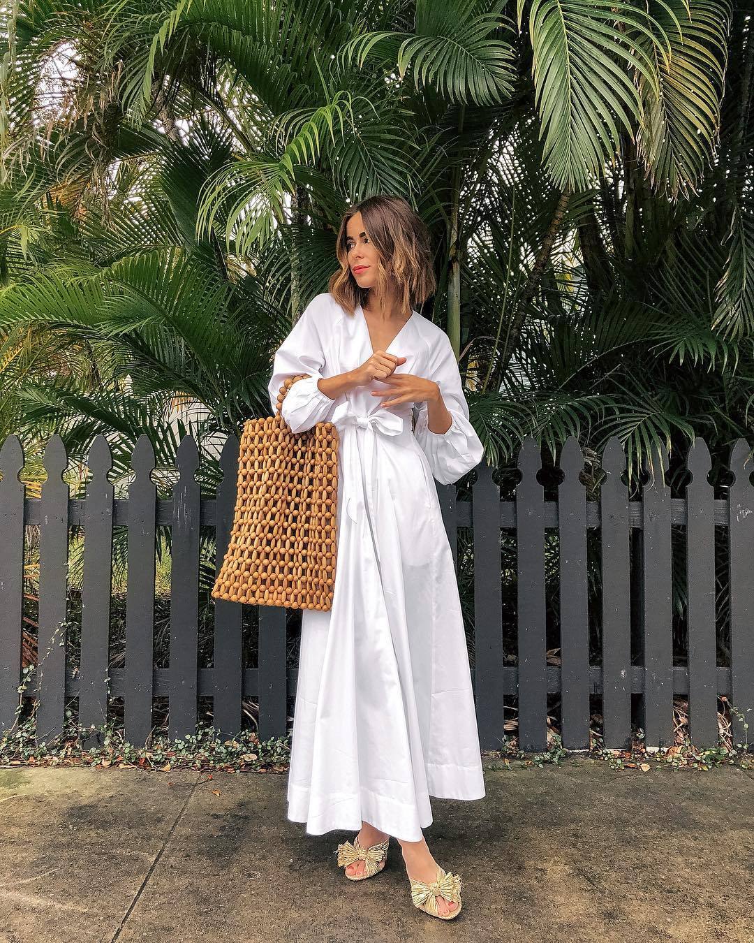 Vintage V-neck Lantern Sleeve Tie with White Dress