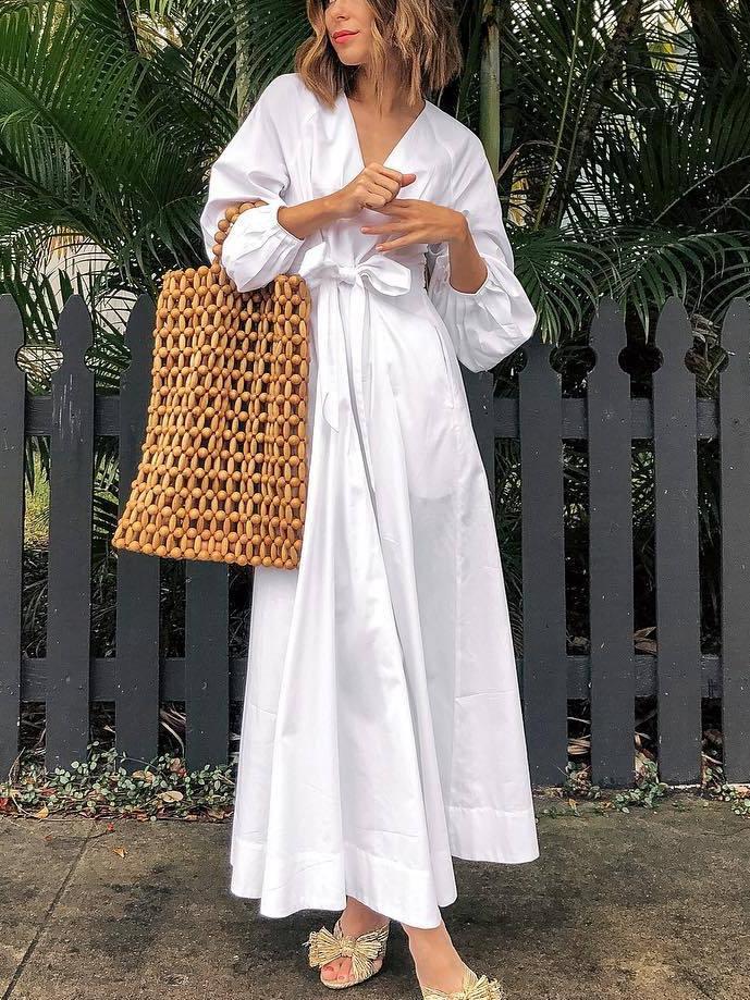 Vintage V-neck Lantern Sleeve Tie with White Dress