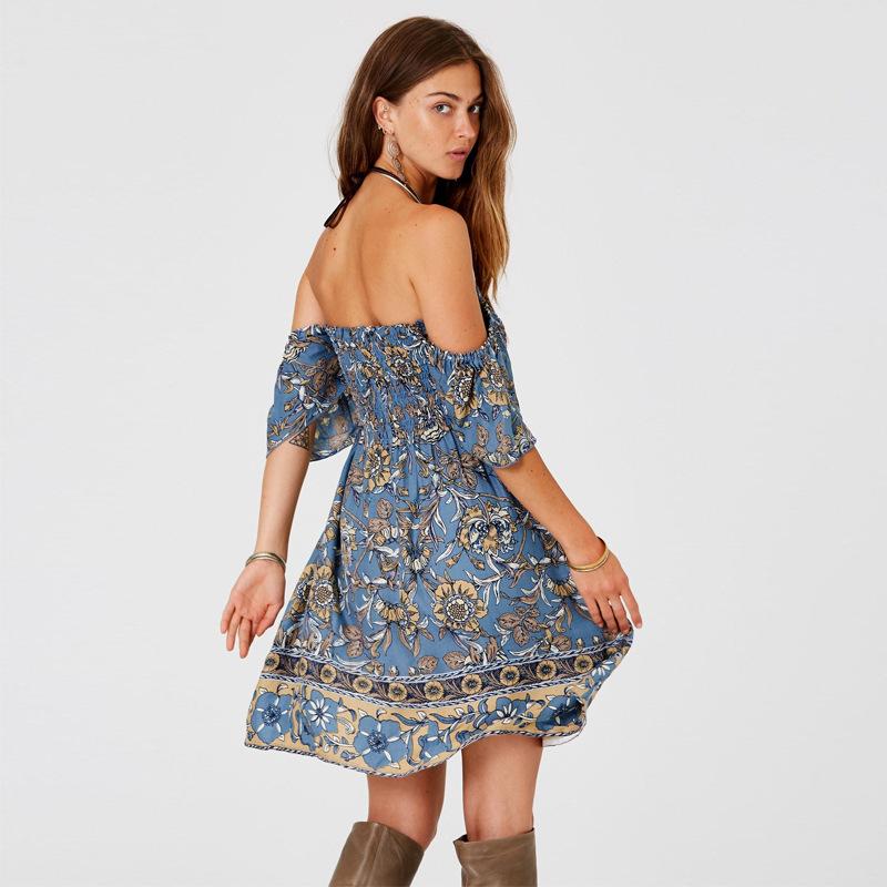 Summer Dress Bohemian Dress Short-sleeved One-shoulder Wrapped Chest Positioning Print Skirt