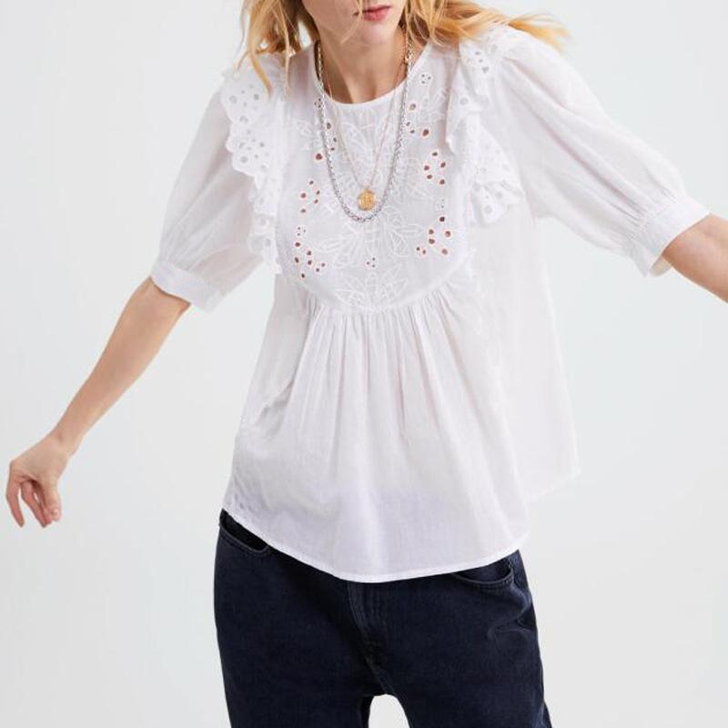 Half Sleeve Loose Solid Color Hollow Round Neck Lace Top