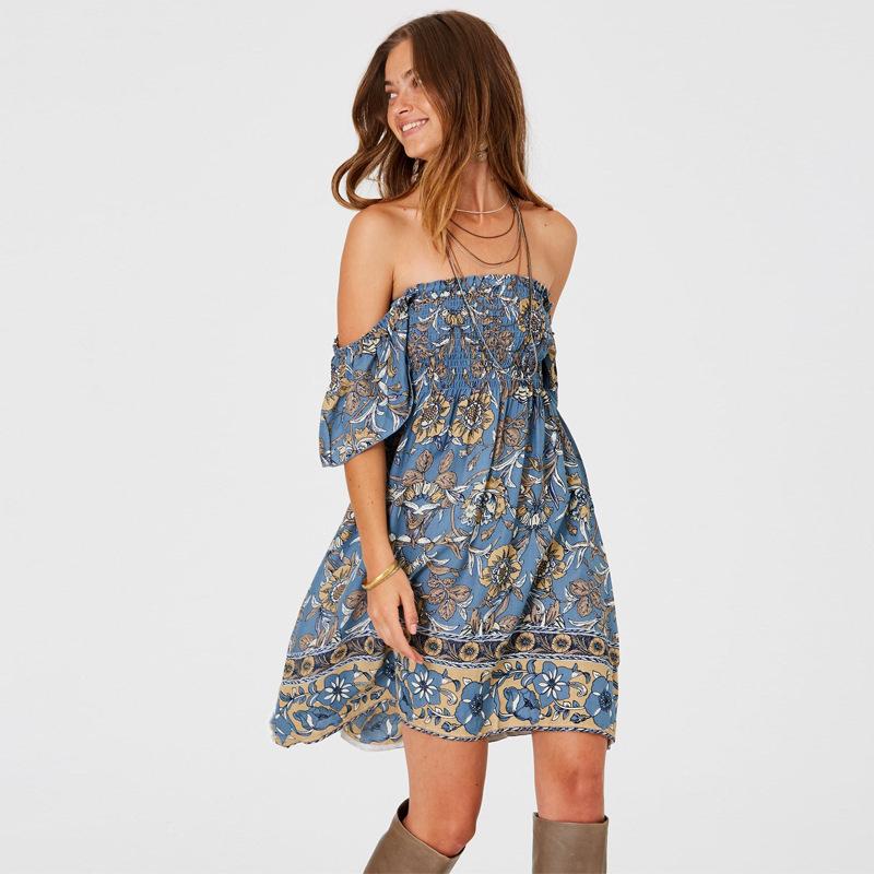 Summer Dress Bohemian Dress Short-sleeved One-shoulder Wrapped Chest Positioning Print Skirt