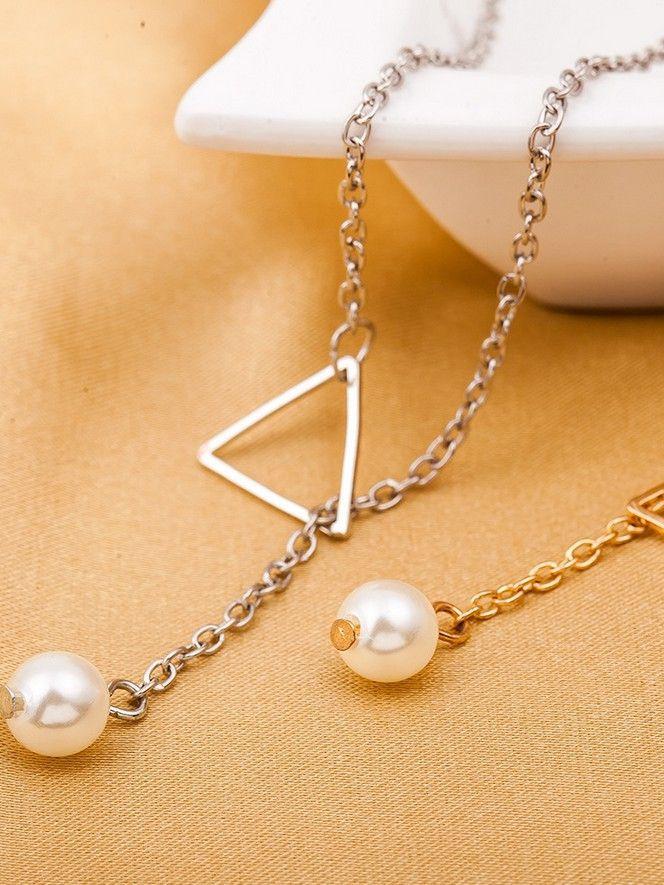 Simple Openwork Triangle Adjustable Pearl Pendant Women's Necklace Bone Chain