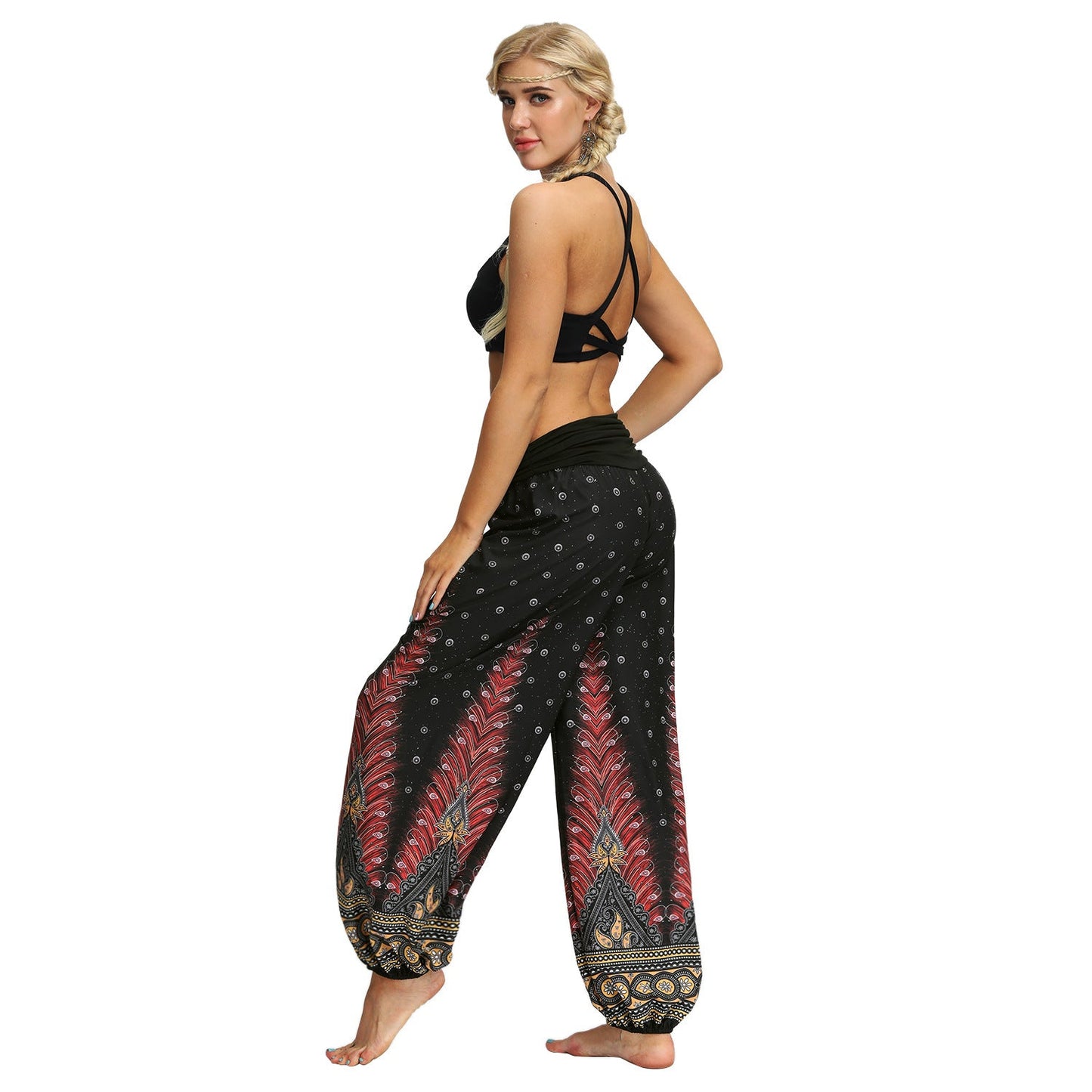 Women Bohemian Digital Printing Feather Fitness Yoga Casual Pants