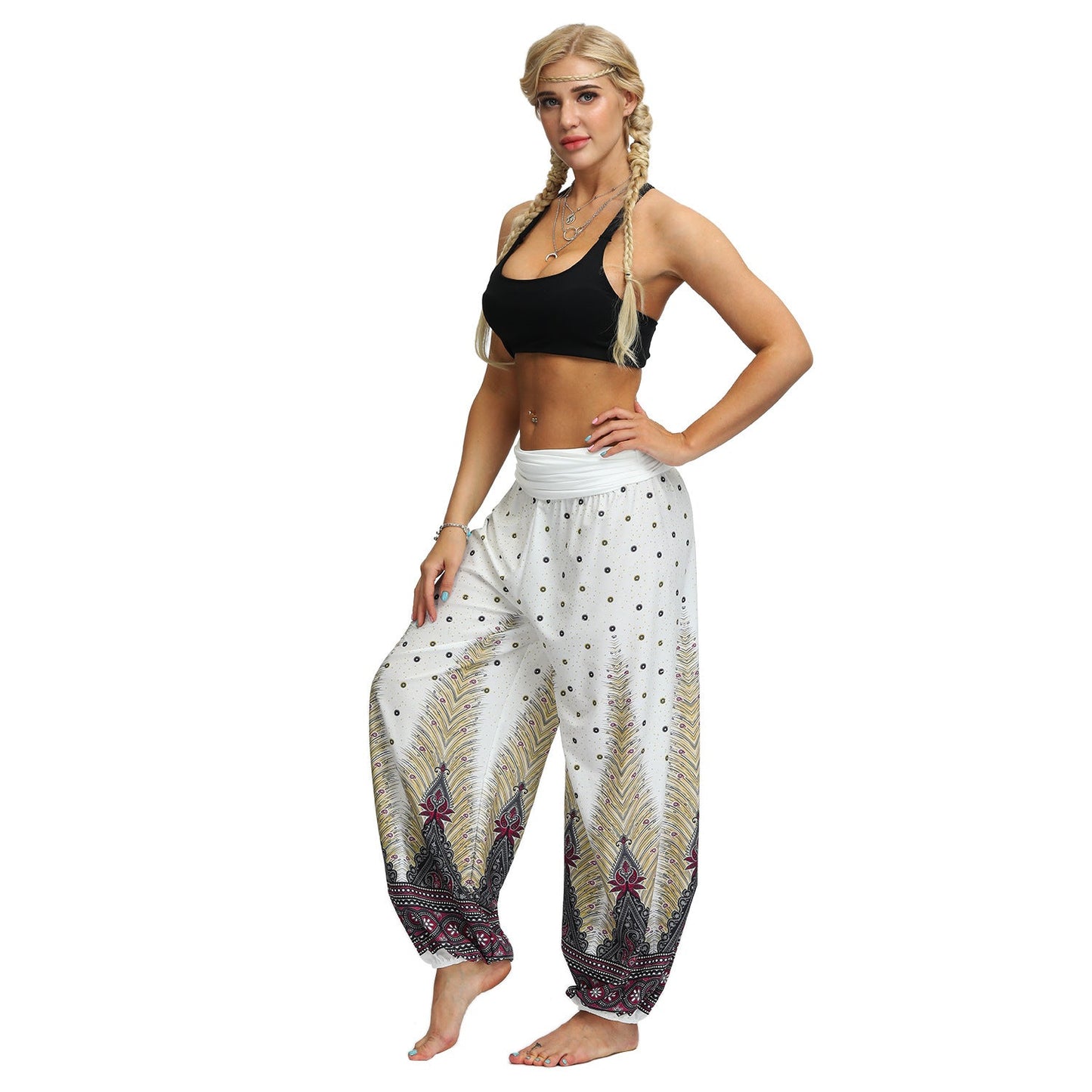 Women Bohemian Digital Printing Feather Fitness Yoga Casual Pants