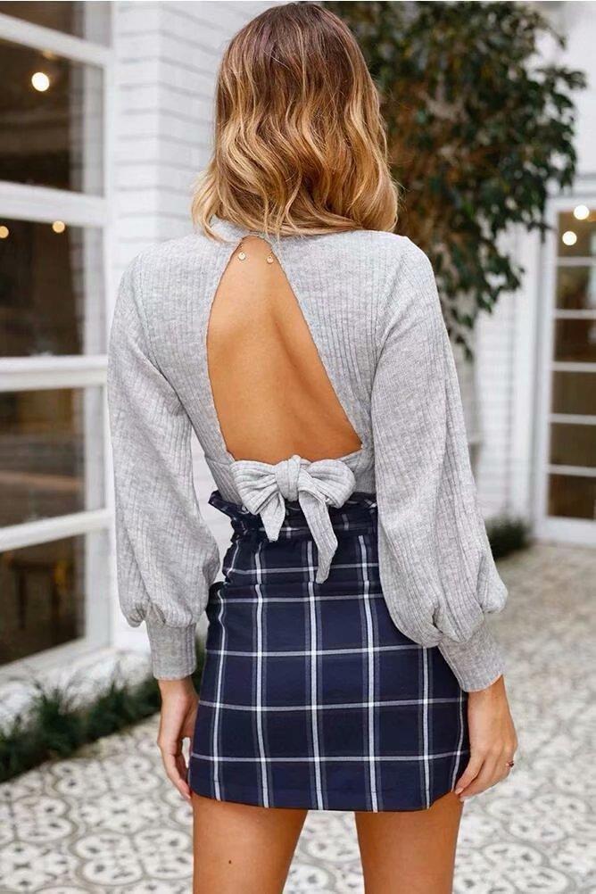 Solid Color Long Sleeve Backless Sweater