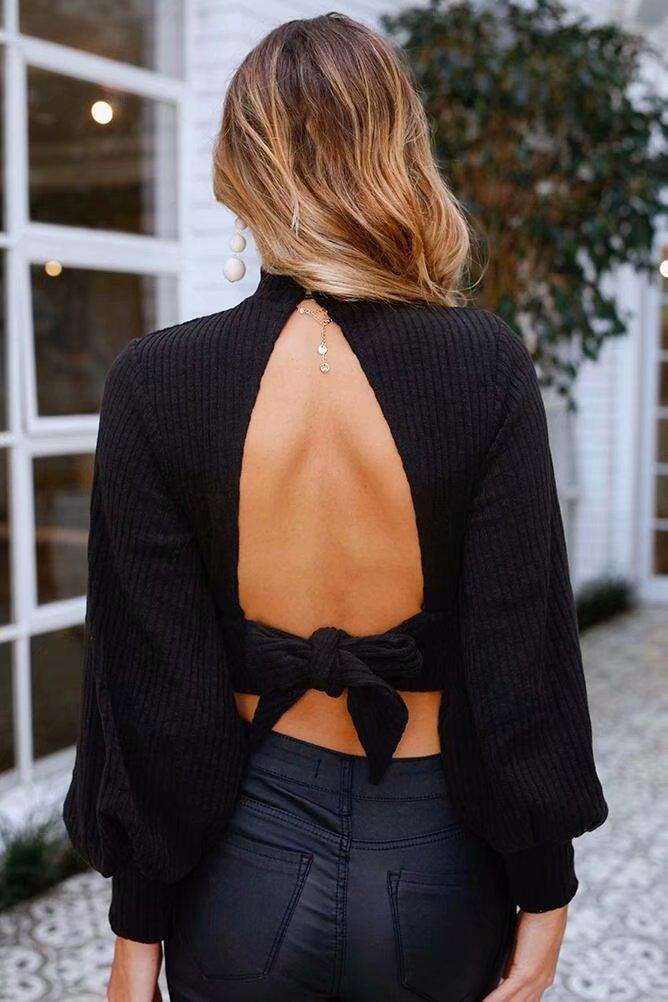 Solid Color Long Sleeve Backless Sweater