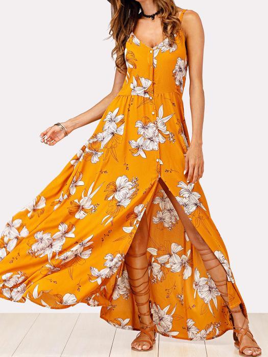 V-NECK FLORAL SPAGHETTI STRAPS MAXI DRESS