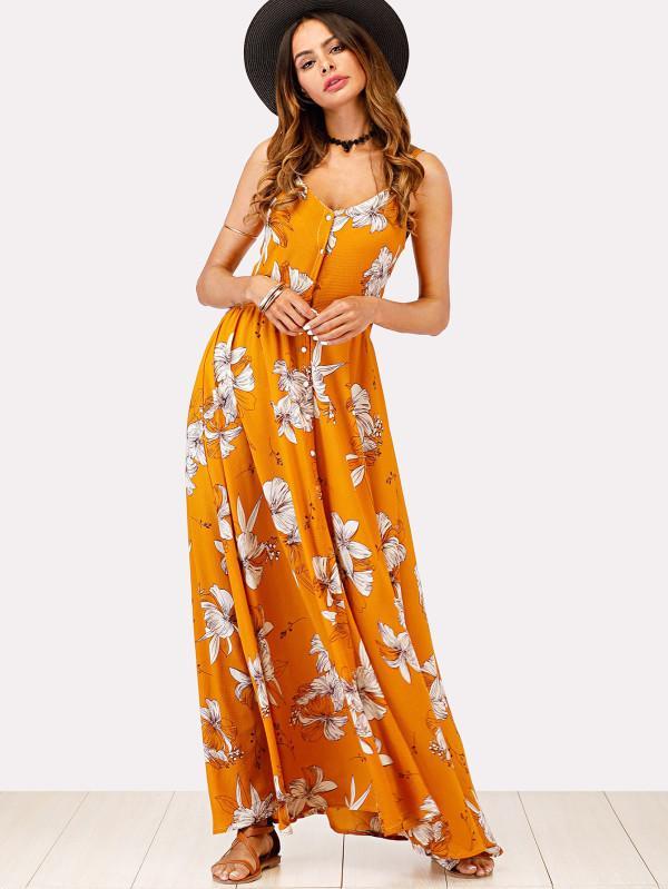 V-NECK FLORAL SPAGHETTI STRAPS MAXI DRESS