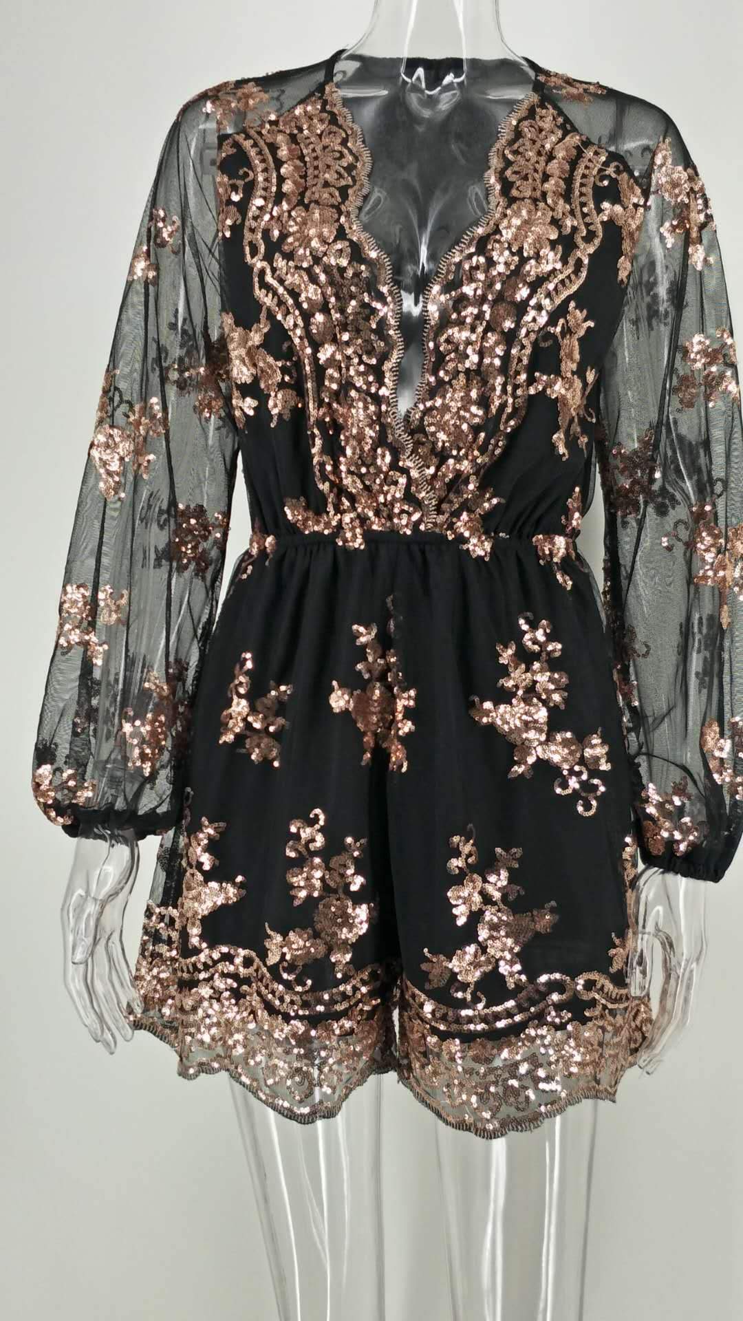 Sequin V Neck Long Sleeve Mini Dress