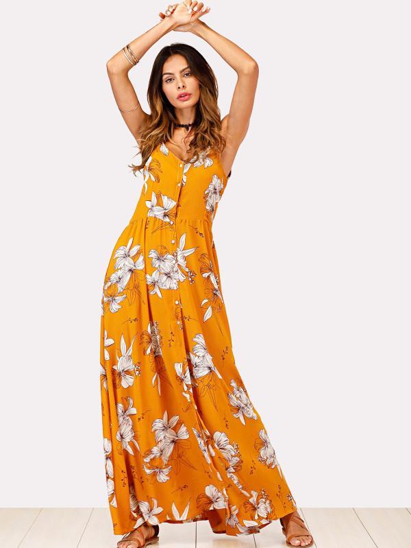 V-NECK FLORAL SPAGHETTI STRAPS MAXI DRESS