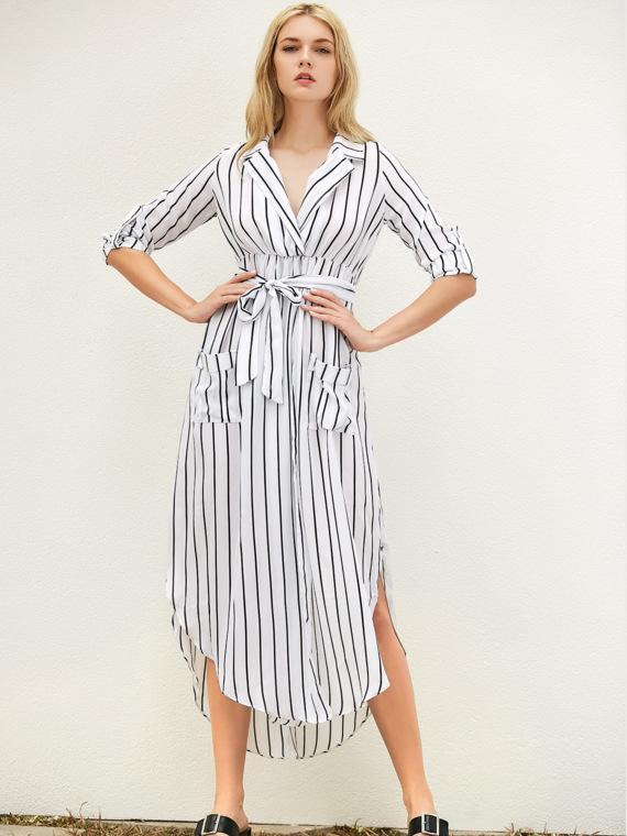 Stripe Long Sleeve Pocket Maxi Dress