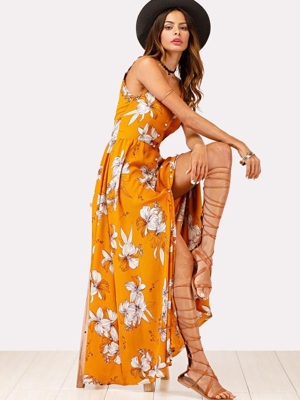 V-NECK FLORAL SPAGHETTI STRAPS MAXI DRESS