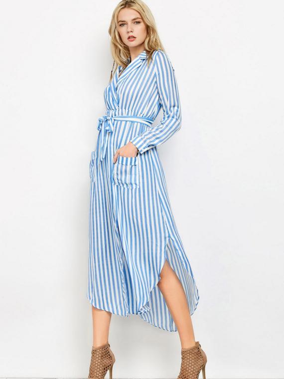 Stripe Long Sleeve Pocket Maxi Dress