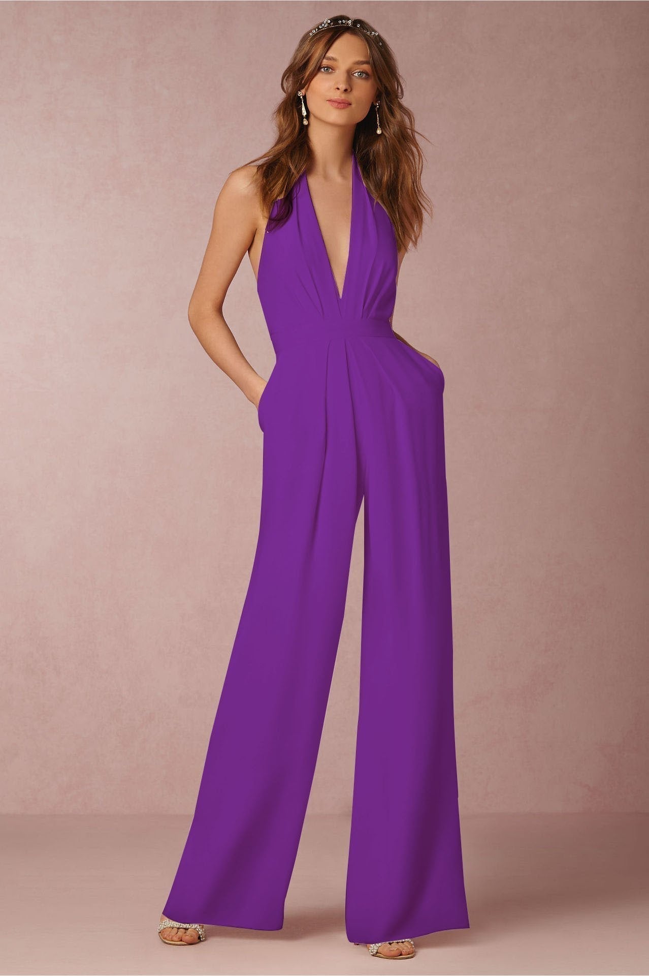 Solid Color Halter Wide Leg Pants Jumpsuit