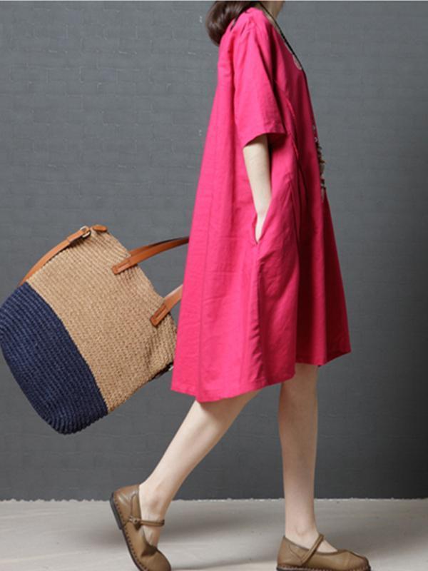 Linen Cotton Short Sleeve Loose Pockets Dress