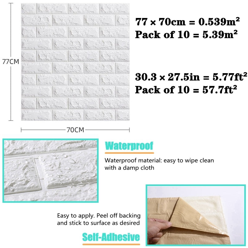 10pcs 3D Wall Sticker Imitation Brick Bedroom Decoration Waterproof Self Adhesive Wallpaper For Living Room Kitchen TV Backdrop