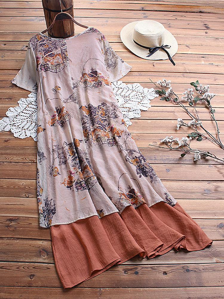 Loose Printing Large Size Medium Length Dress Fake Two-piece Set