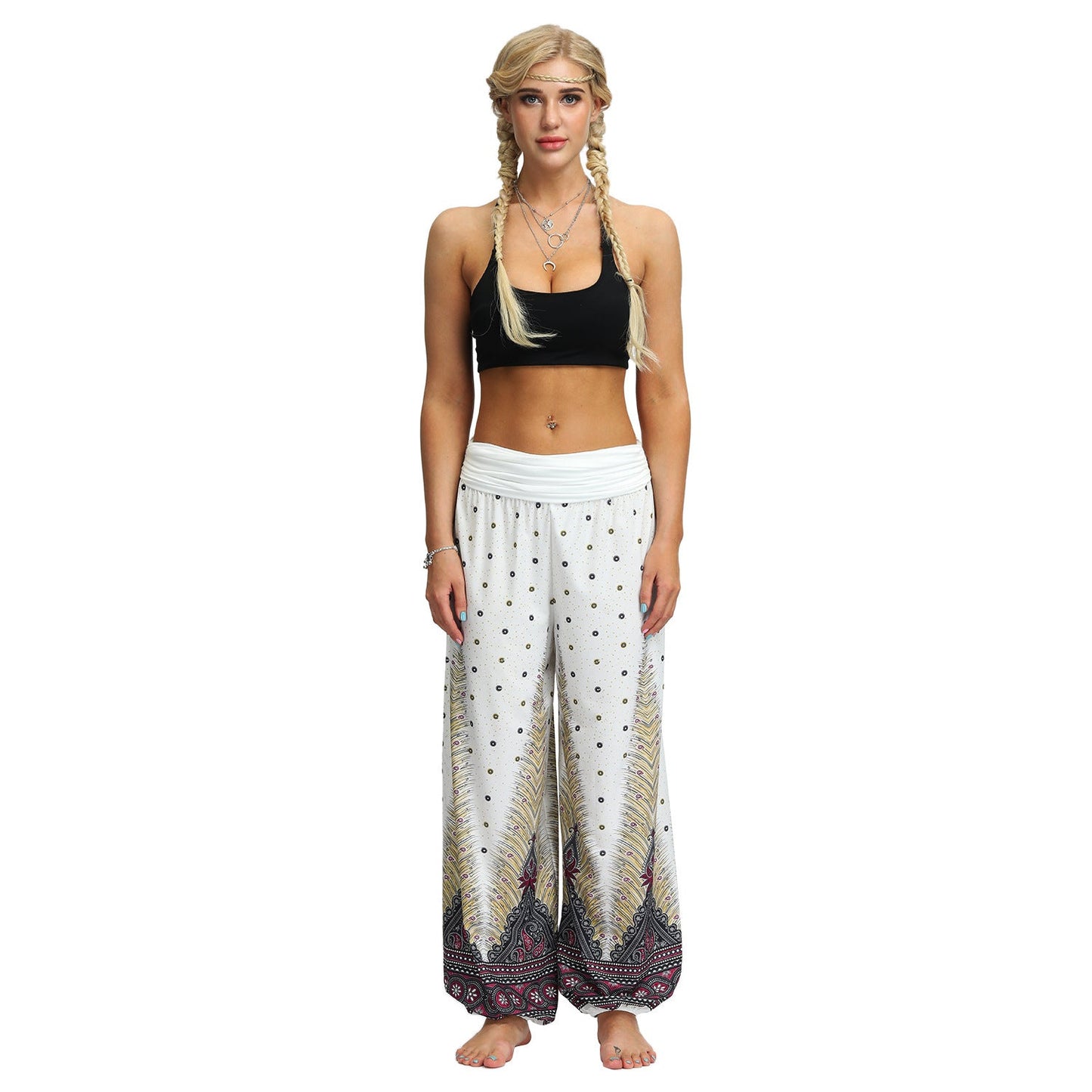 Women Bohemian Digital Printing Feather Fitness Yoga Casual Pants