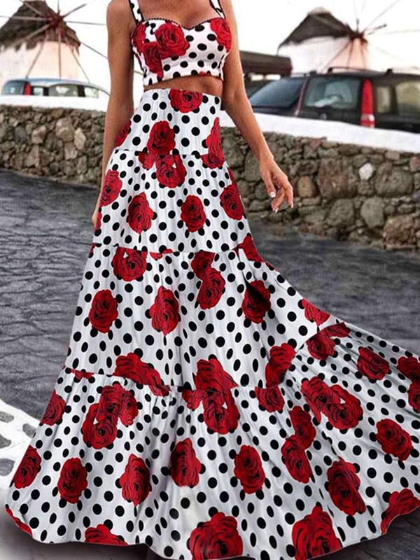 Boho Retro Hepburn Wind Waist Slimming Large Print Long Dress