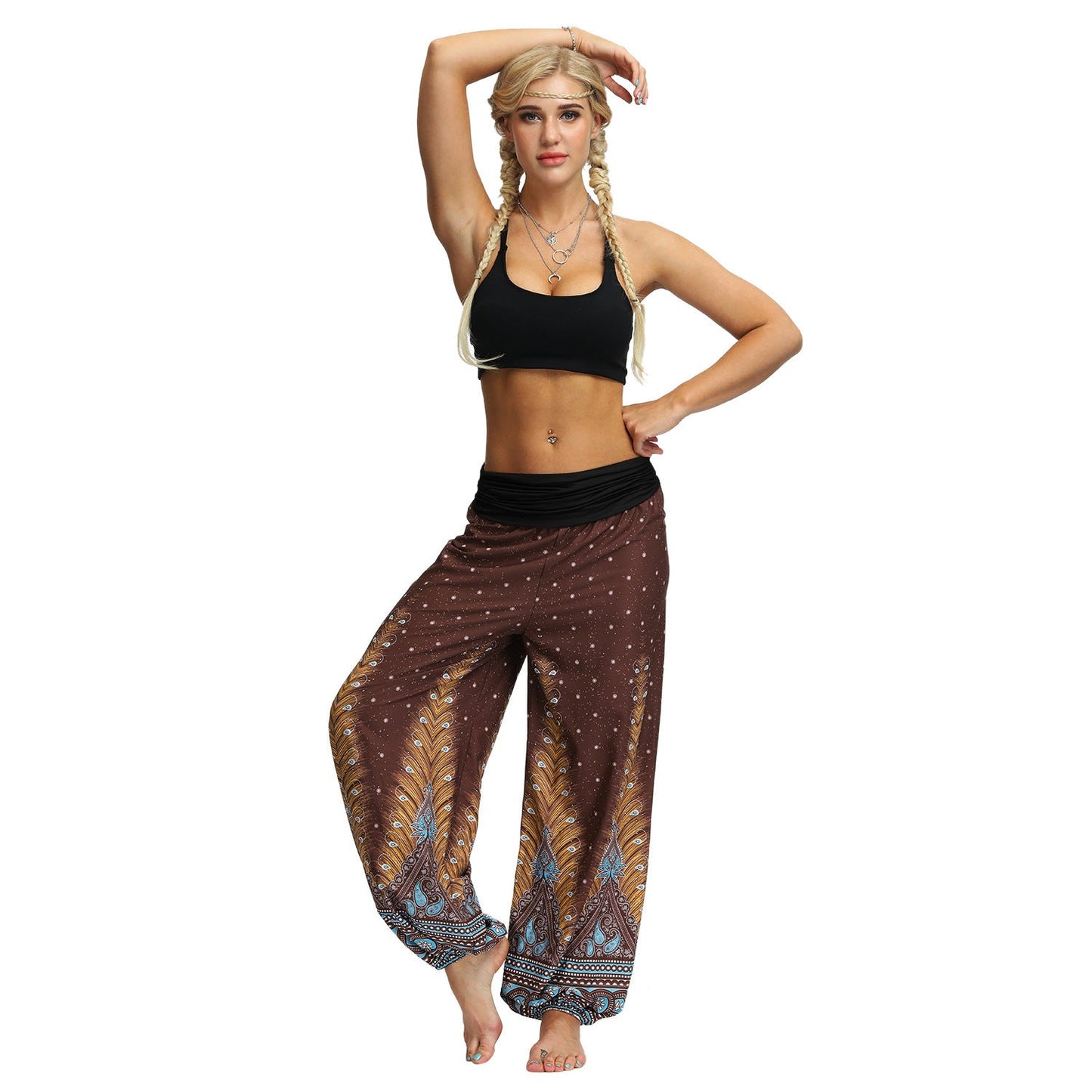 Women Bohemian Digital Printing Feather Fitness Yoga Casual Pants