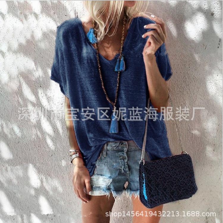 Summer Candy-colored Large Size Loose V Neck Short-sleeved T-shirt Female